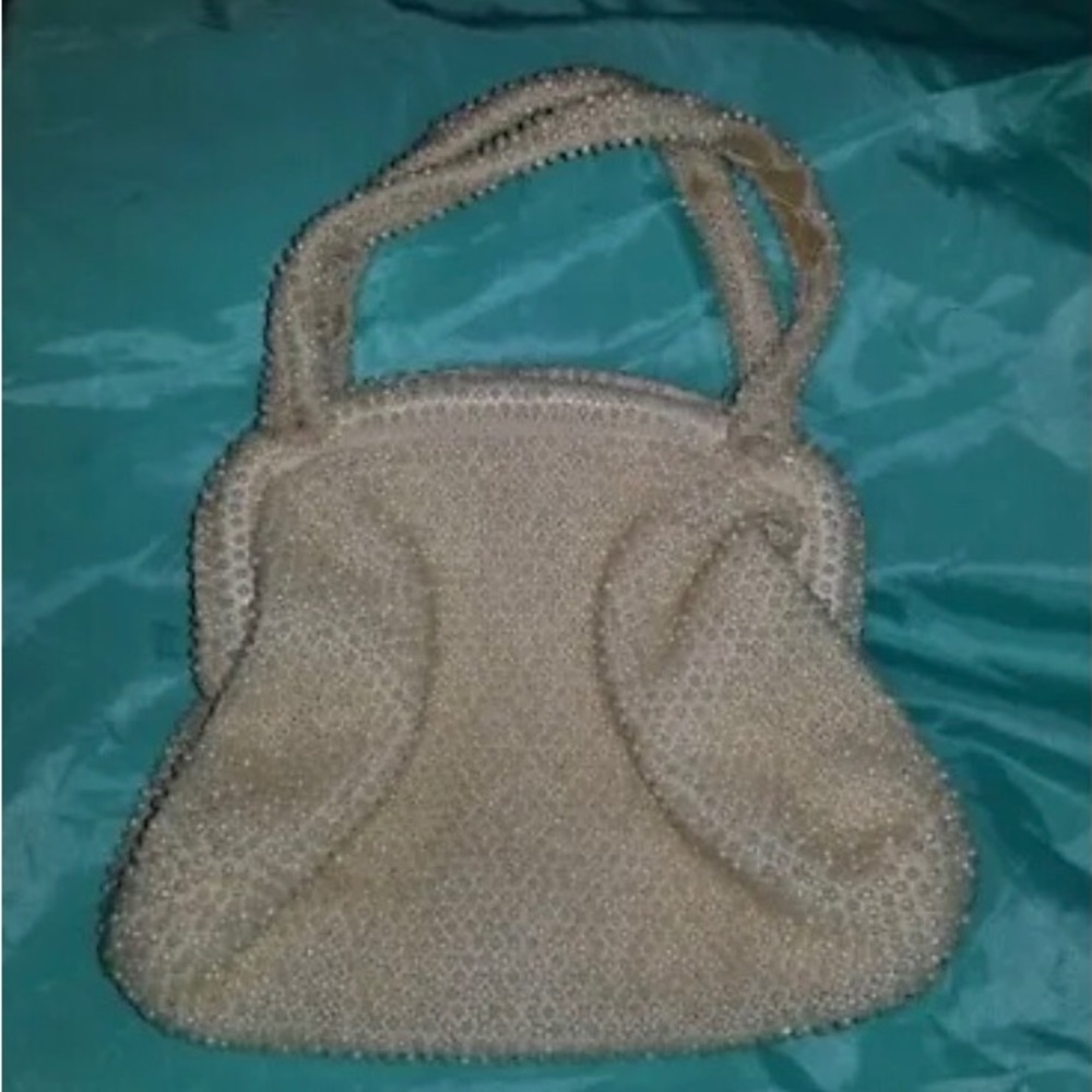 Vintage 50's 60's Ivory Cream Hinged Corded Beaded  Purse Handbag Clutch